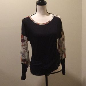 Dressy jersey knit tee with floral sleeves